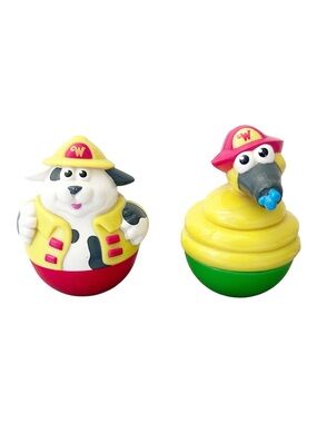 Two Playskool Firefighter Weeble Wobbles Dalmatian & Fireman Hose